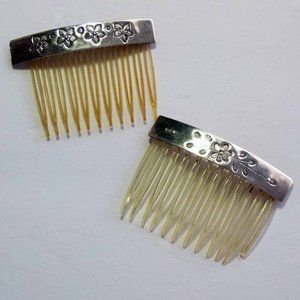 Two Sterling 1920s Flower Bar Hair Celluloid Comb